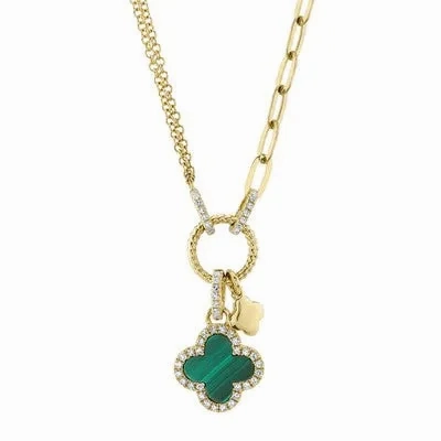 0.12CT DIAMOND &amp; 0.54CT MALACHITE CLOVER PAPER CLIP LINK NECKLACE