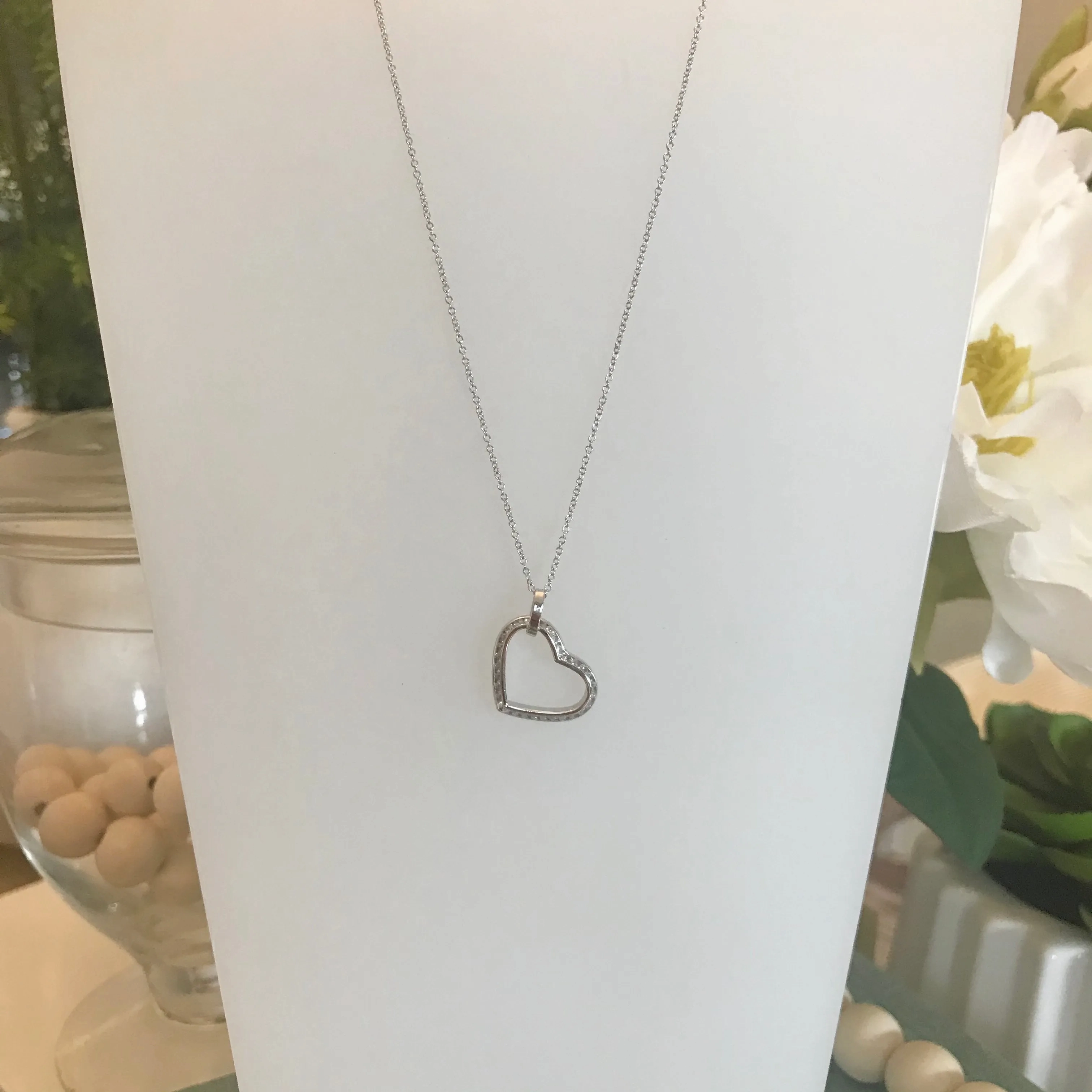 10K White Gold CZ Dangling Heart Necklace