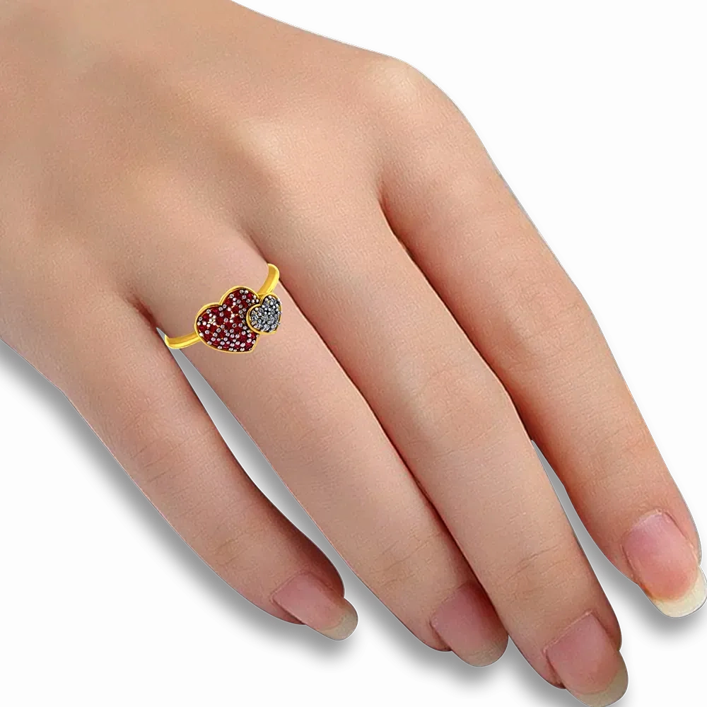 14k Gold Ring With Two  Zirconia Stone Hearts