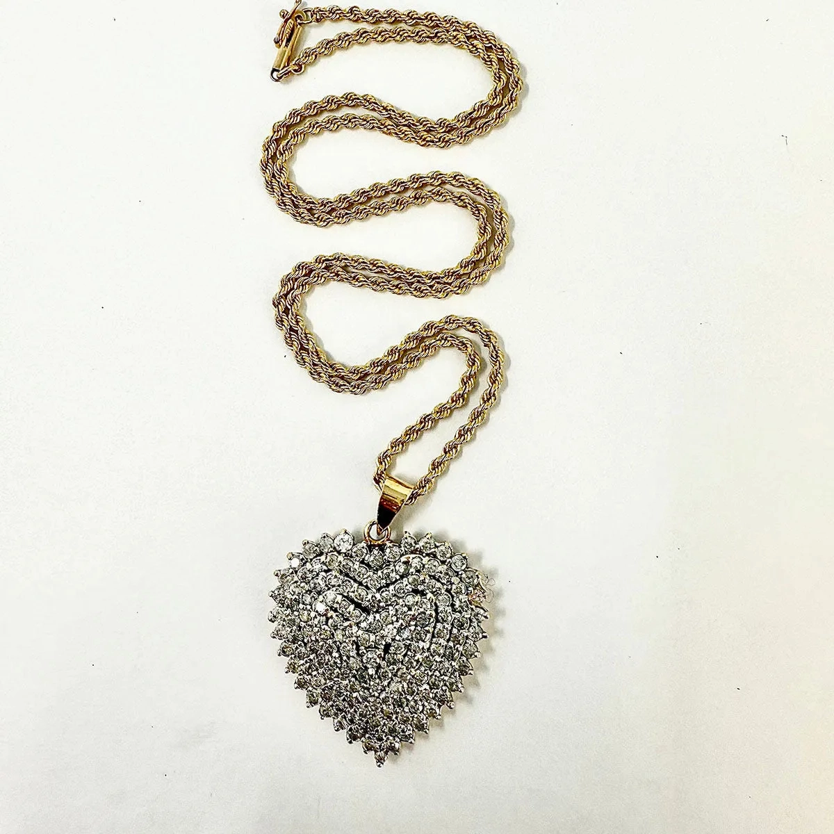 14K Twisted Chain Necklace with Large Diamond Heart Pendant