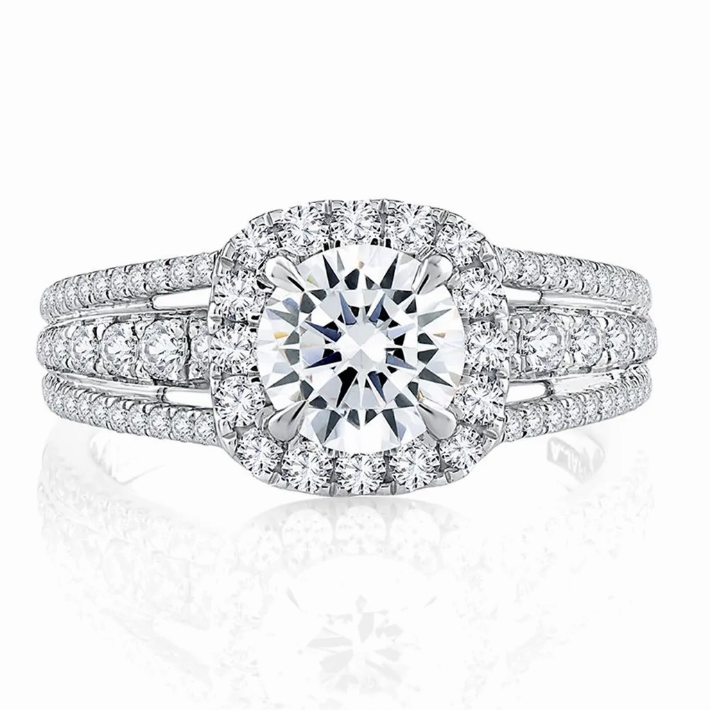 14K White Gold Triple Split Shank Halo Round Cut Diamond Engagement Ring