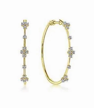 14K Yellow Gold Prong Set 40mm Round Classic Diamond Hoop Earrings