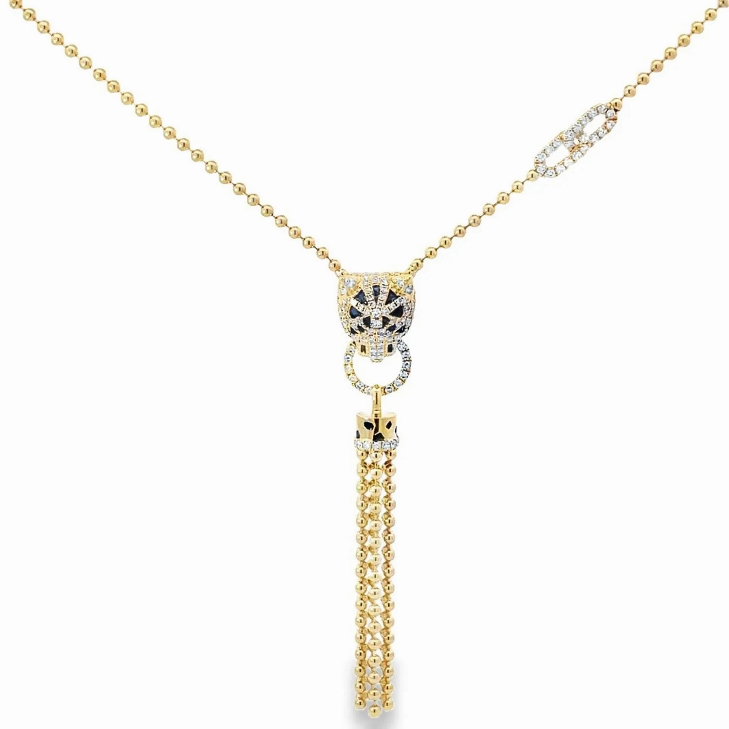 14KT PANTHER DIAMOND TASSEL NECKLACE.