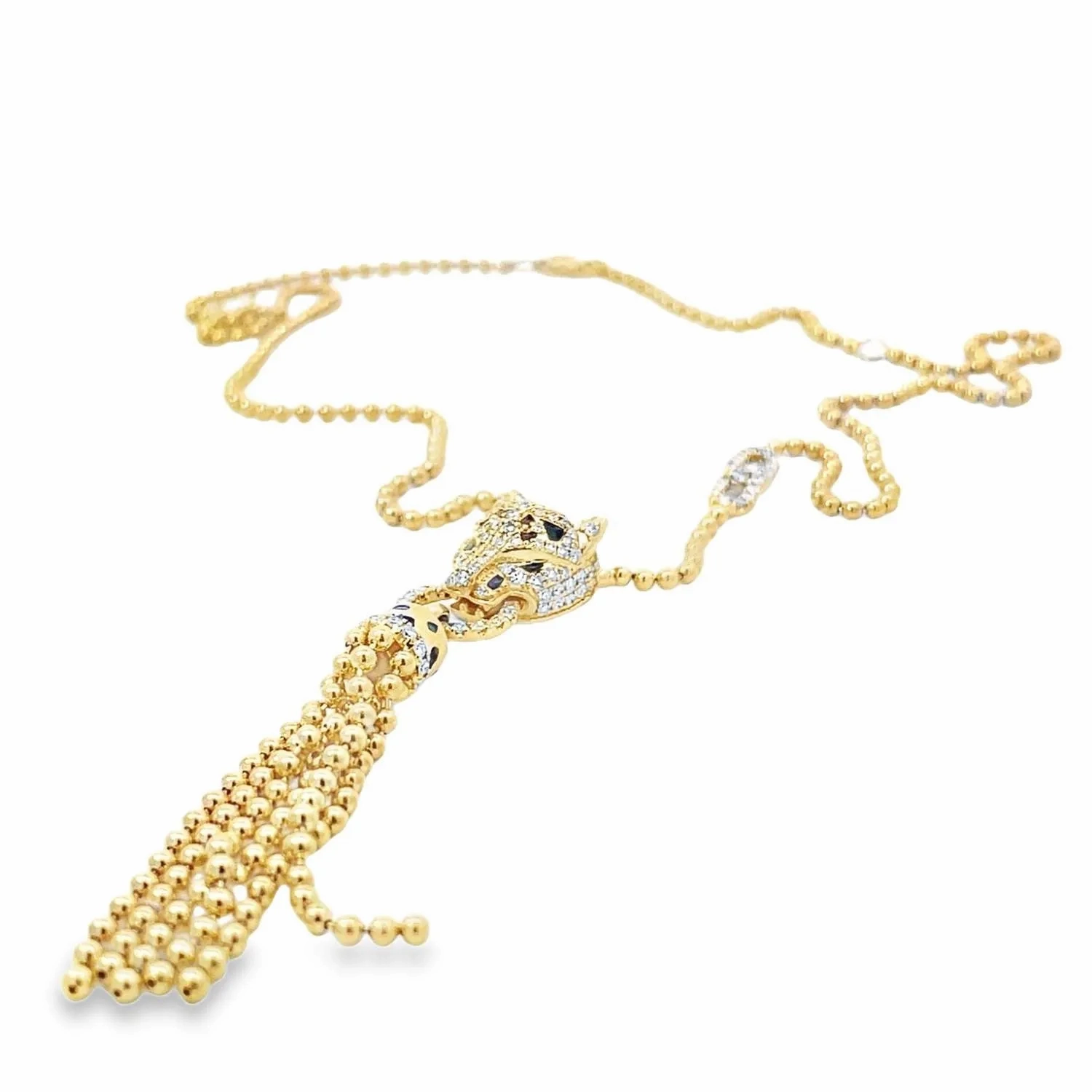 14KT PANTHER DIAMOND TASSEL NECKLACE.