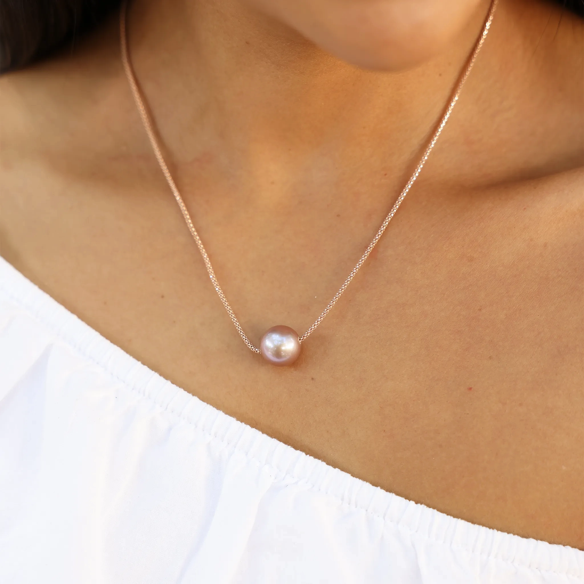 16-18&quot; Adjustable Freshwater Lilac Pearl Necklace in Rose Gold - 13-14mm