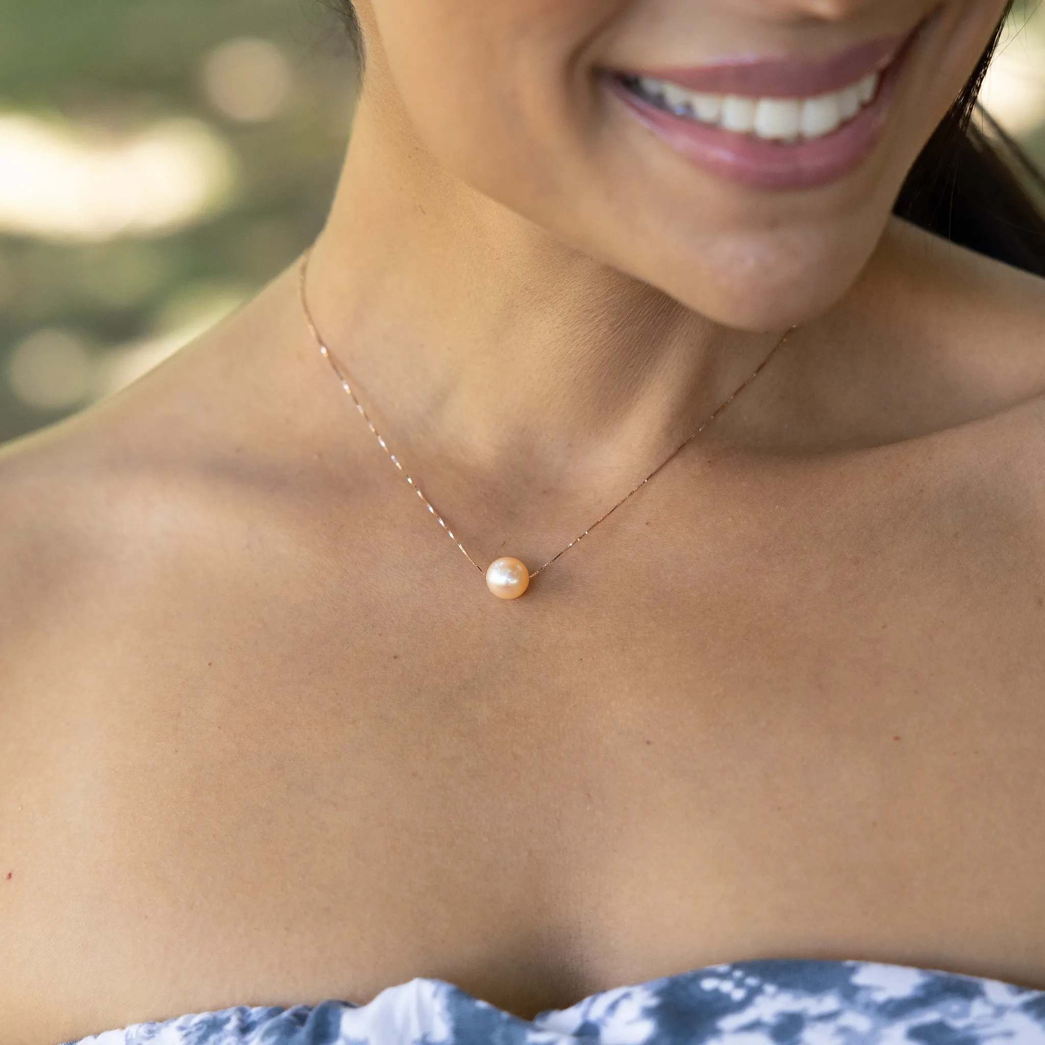 16-18&quot; Adjustable Peach Freshwater Pearl Necklace in Rose Gold - 9-10mm