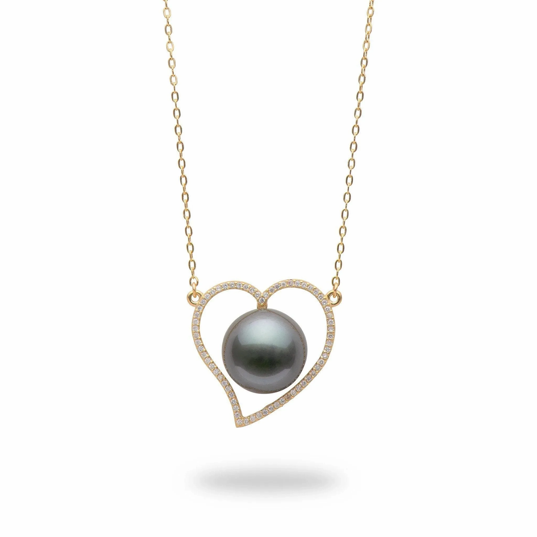 16&quot; Tahitian Black Pearl Heart Necklace in Gold - 12-13mm