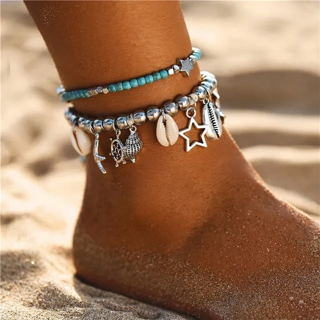 17KM Bohemian Starfish Stone Anklets Set For Women Vintage Handmade Wave Anklet Bracelet on Leg Beach Ocean Jewelry 2018