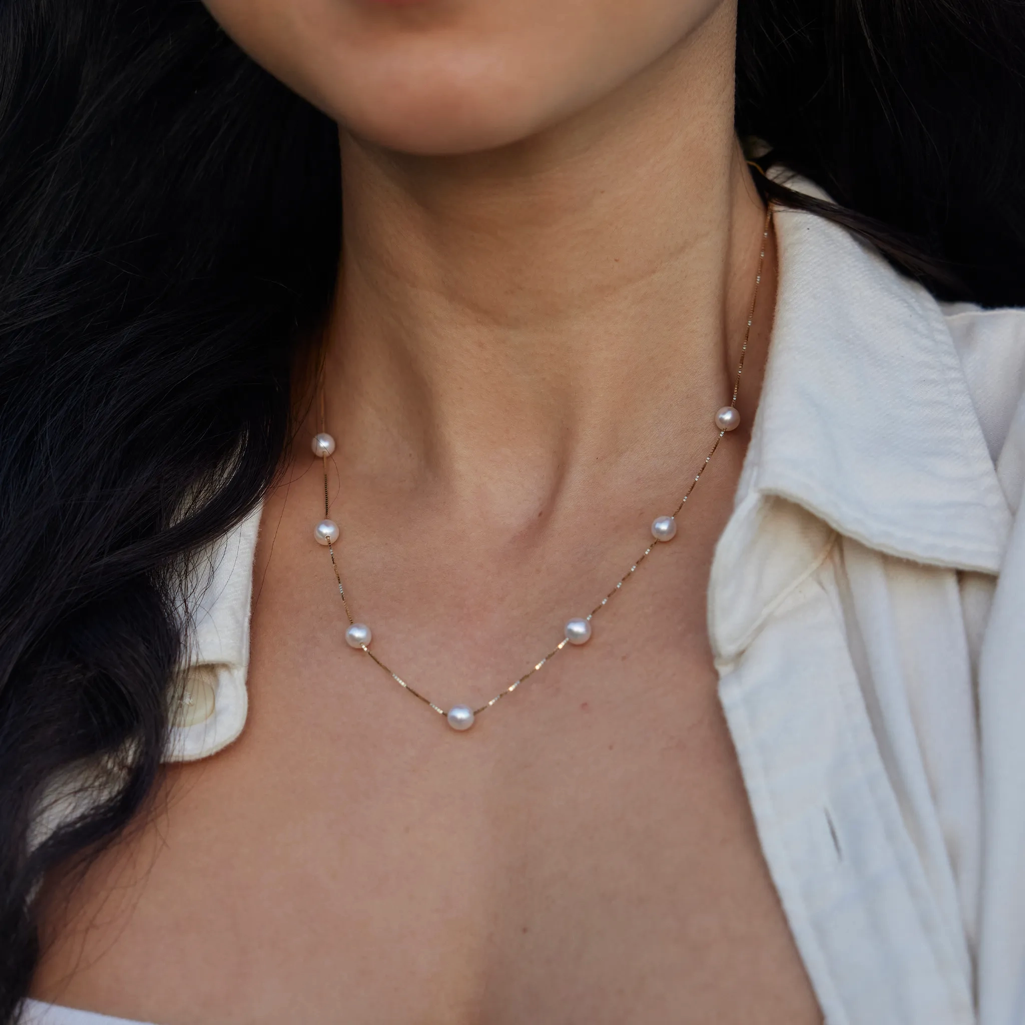 18&quot; Freshwater White Pearl Necklace in Gold - 5-6mm
