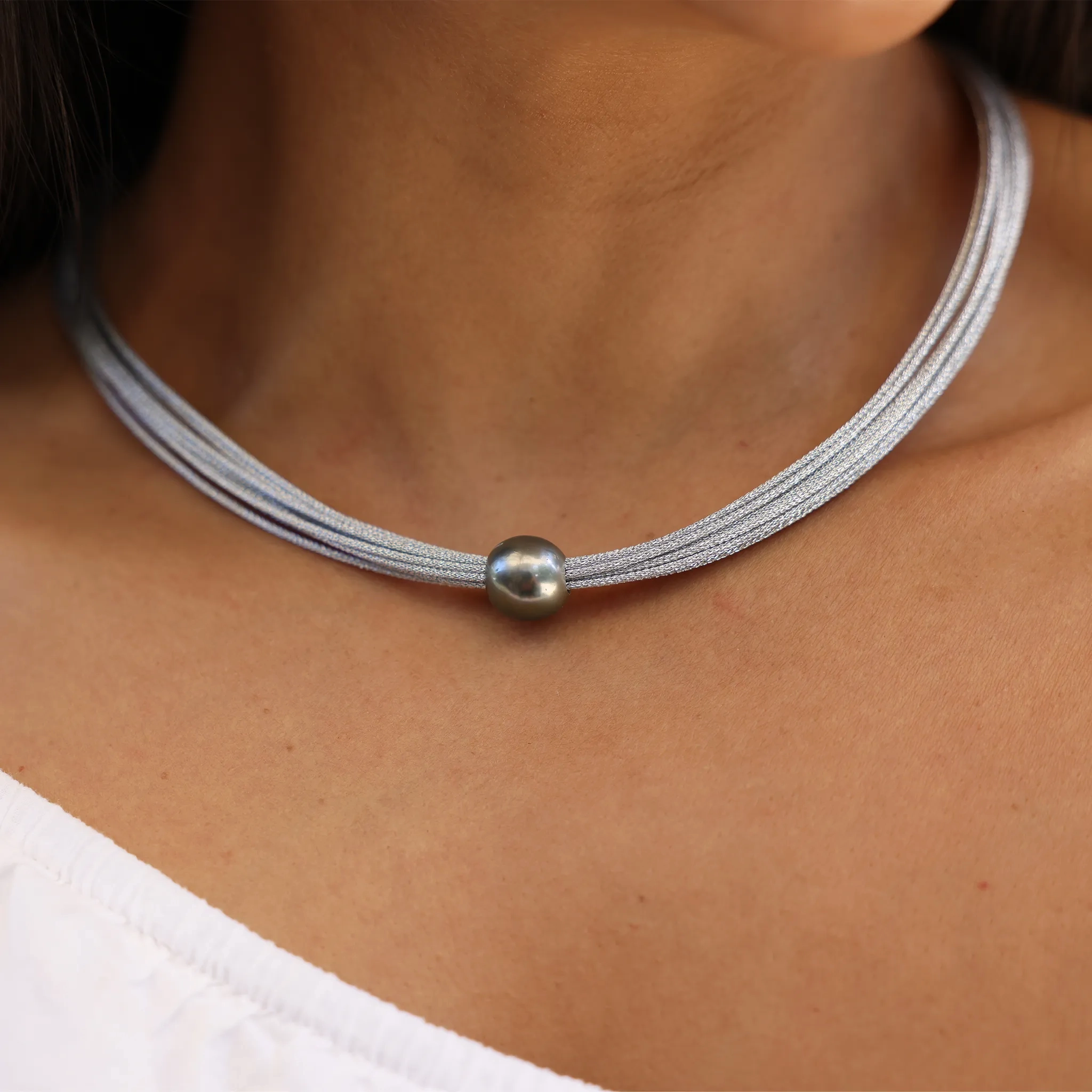 18&quot; Tahitian Black Pearl Necklace in Stainless Steel - 12-14mm