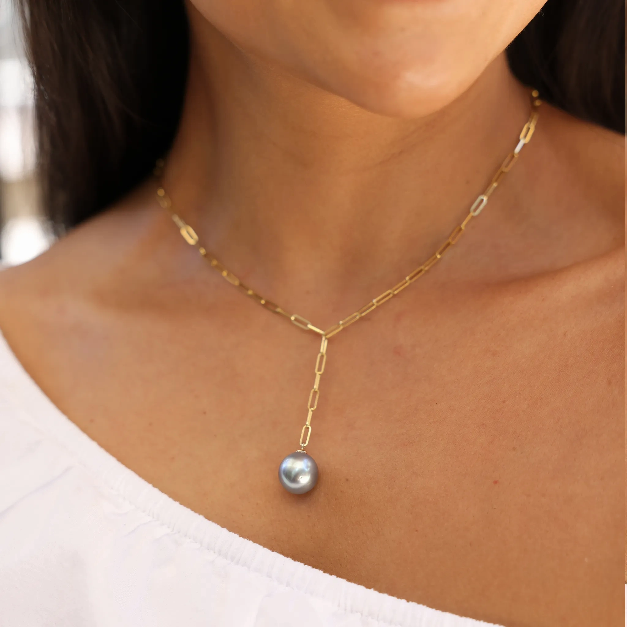 18&quot; Tahitian Black Pearl Y Necklace in Gold - 12-14mm