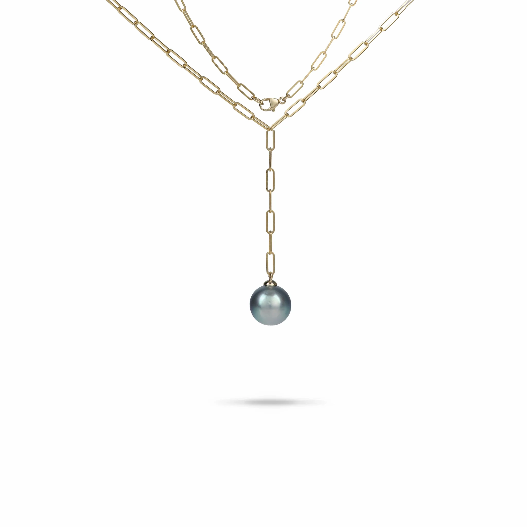 18&quot; Tahitian Black Pearl Y Necklace in Gold - 12-14mm