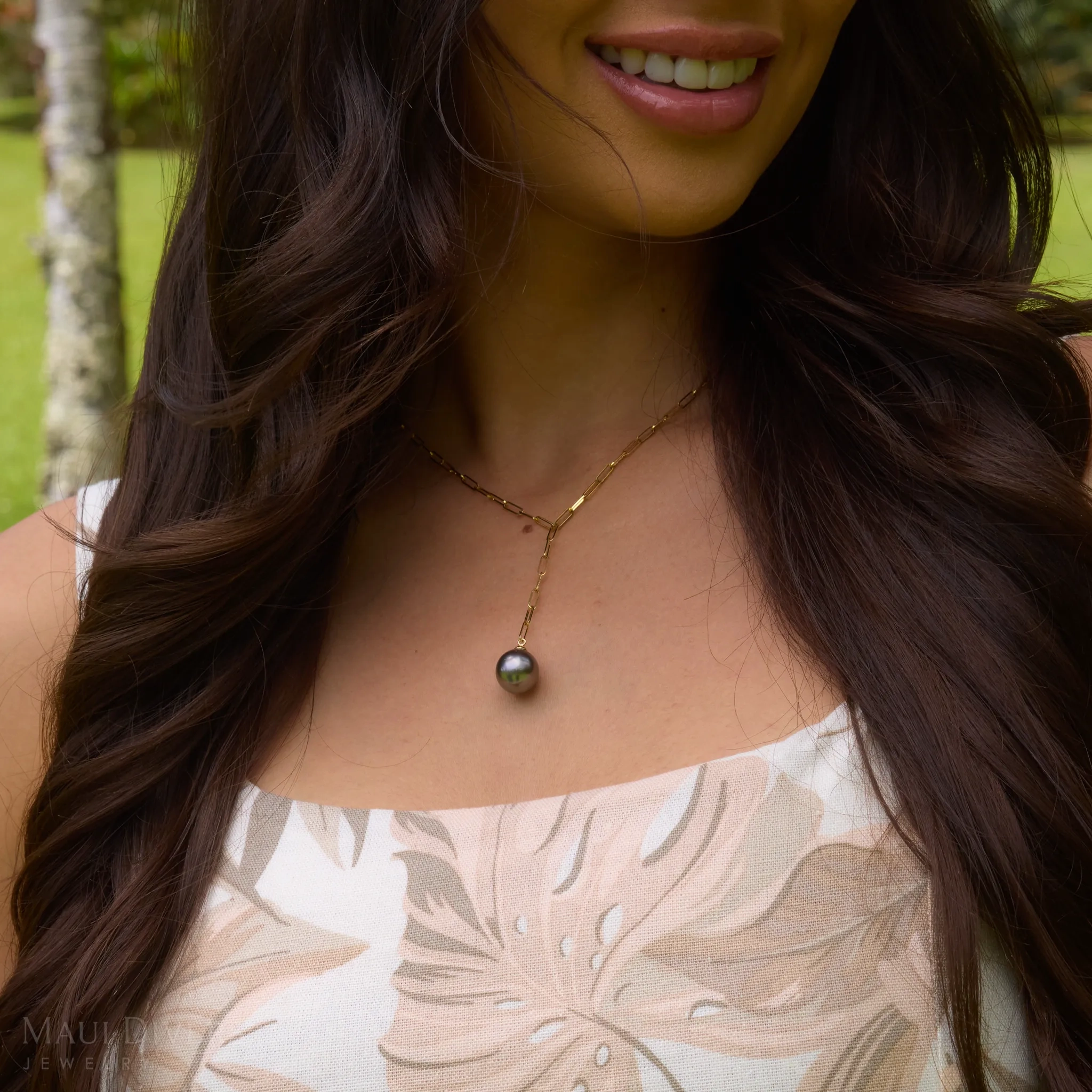 18&quot; Tahitian Black Pearl Y Necklace in Gold - 12-14mm