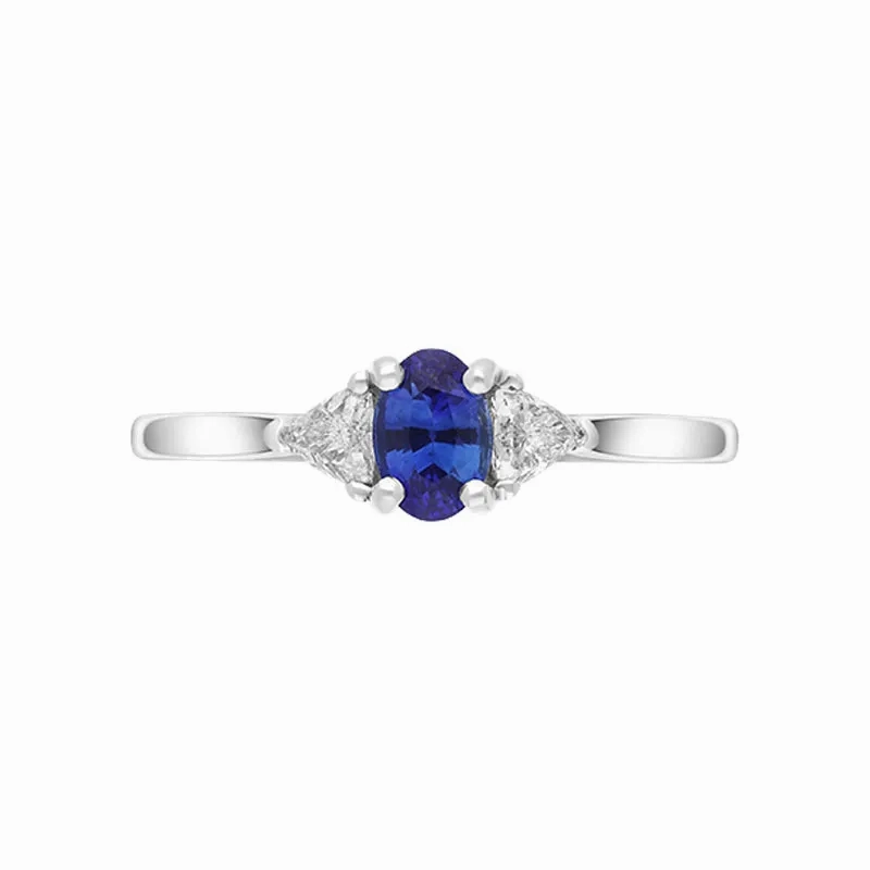 18ct White Gold 0.60ct Sapphire Diamond Oval and Trilliant Cut Three Stone Ring