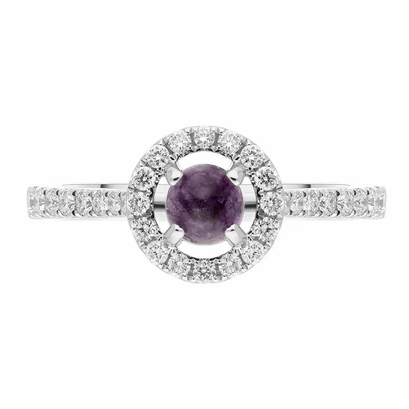 18ct White Gold Blue John Diamond Round Halo Ring