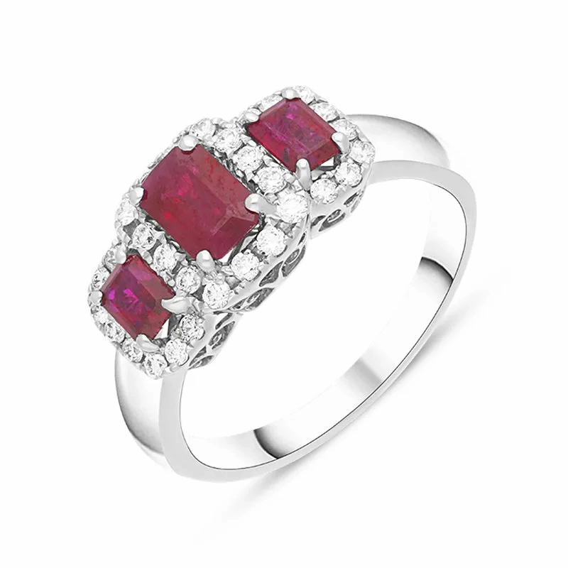 18ct White Gold Ruby Diamond Claw Set Triple Cluster Ring