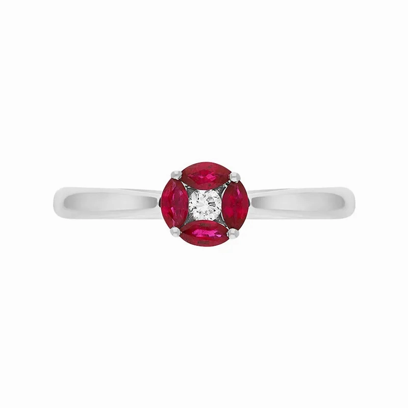 18ct White Gold Ruby Diamond Marquise Stone Round Cluster Ring