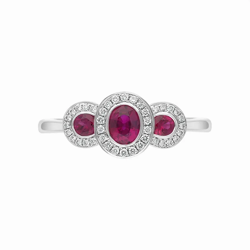 18ct White Gold Ruby Diamond Pave Triple Cluster Ring