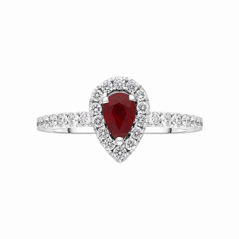 18ct White Gold Ruby Diamond Pear Cluster Shoulder Set Ring