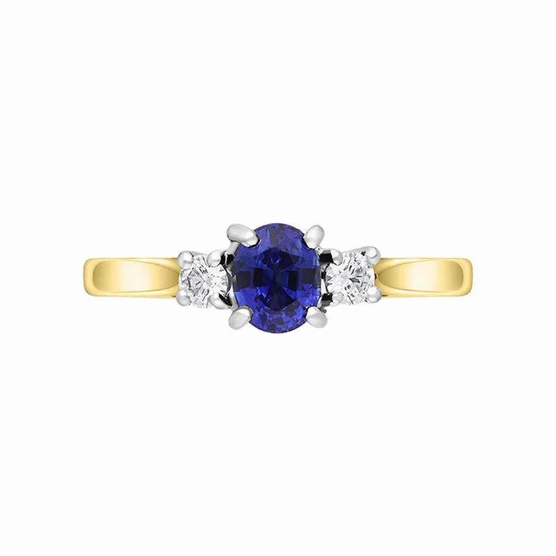 18ct Yellow Gold 0.64ct Sapphire Diamond Oval Cut Three Stone Ring