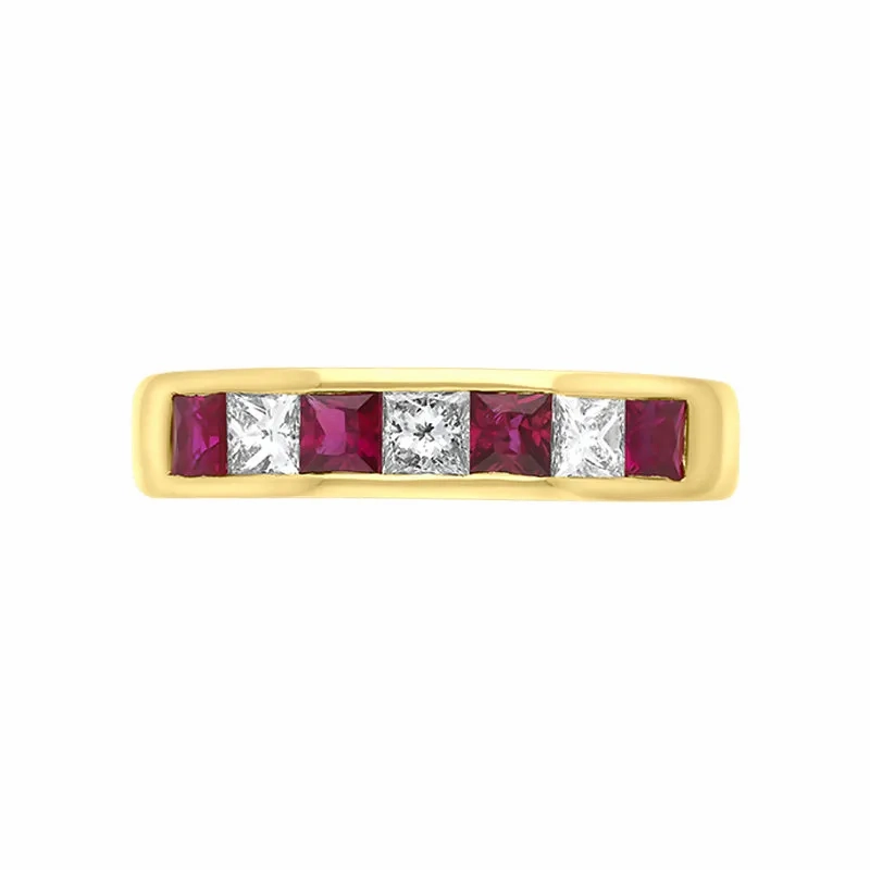 18ct Yellow Gold Ruby Diamond Seven Stone Princess Cut Channel Set Ring