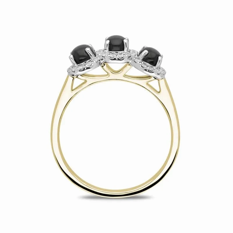 18ct Yellow Gold Whitby Jet 0.24ct Diamond 3 Stone Ring