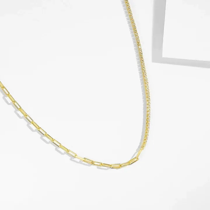 18k/925 Vermeil Half Paperclip Half Cubic Zirconia Necklace