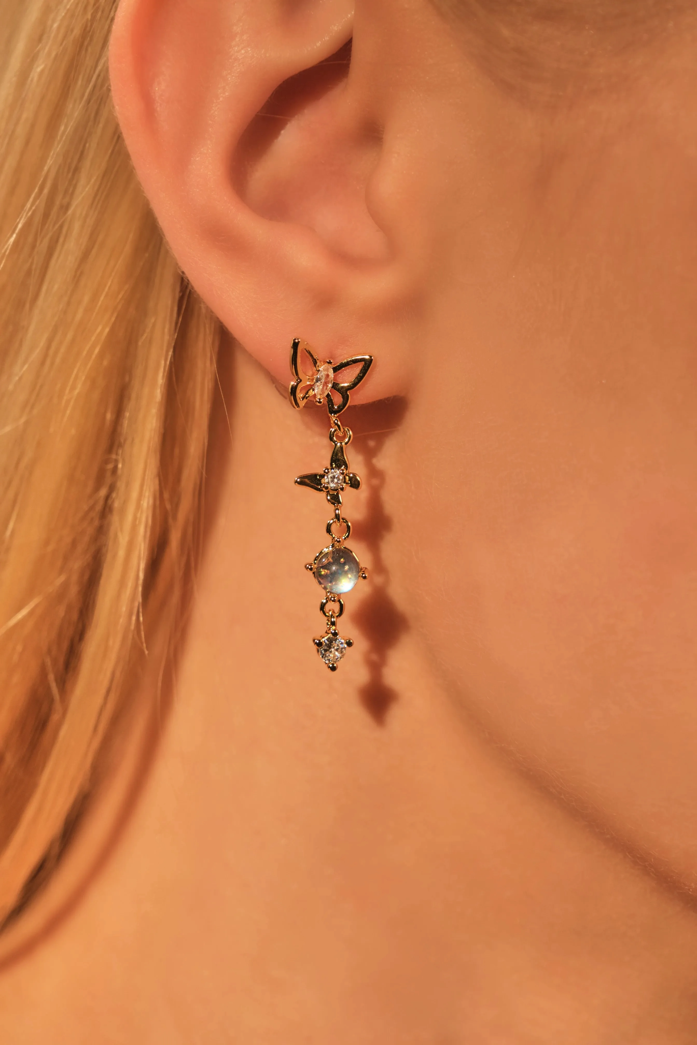 18K Real Gold Plated Butterfly Moonstone Dangle Earrings