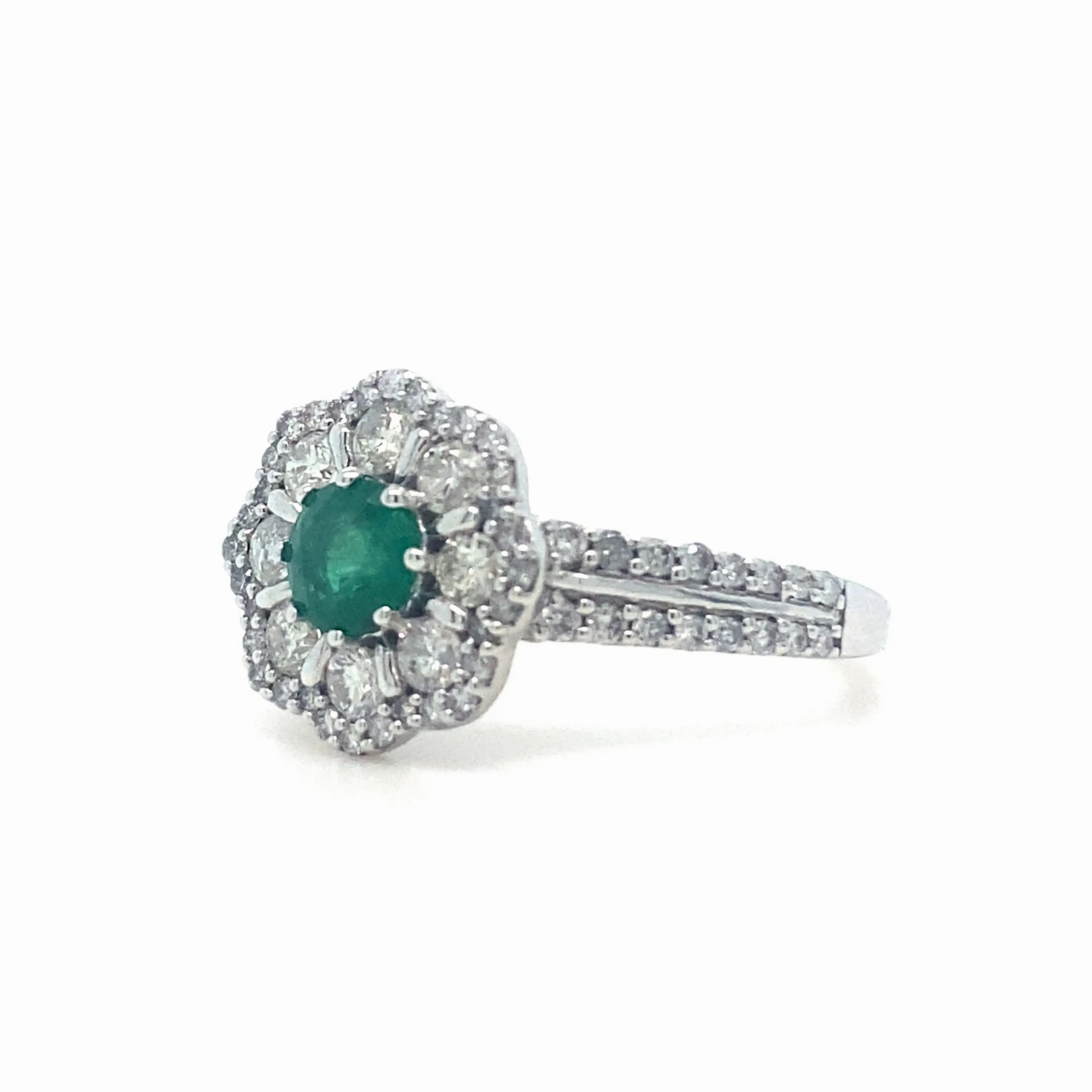 18K White Gold Emerald &amp; Diamond  Flower Ring