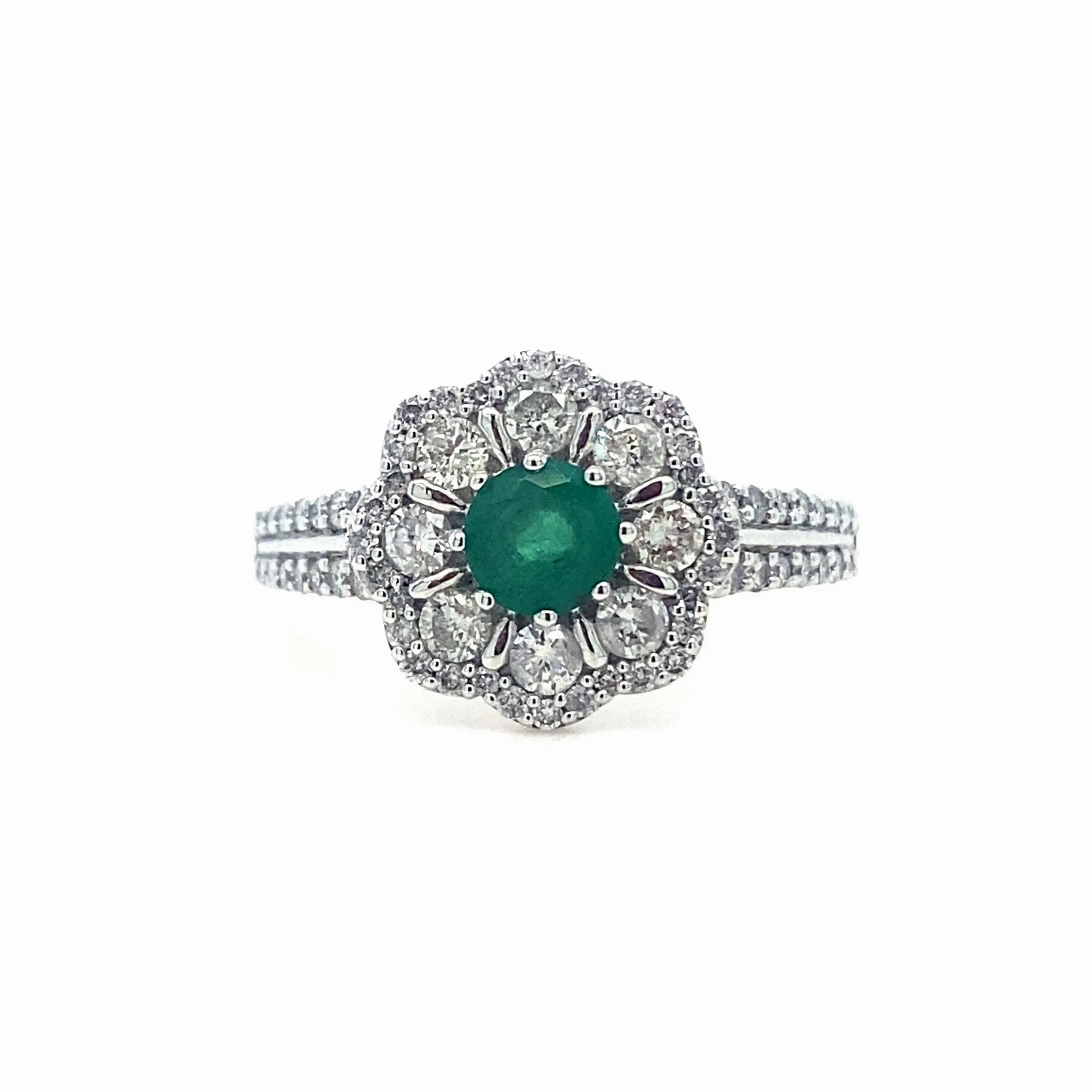 18K White Gold Emerald &amp; Diamond  Flower Ring