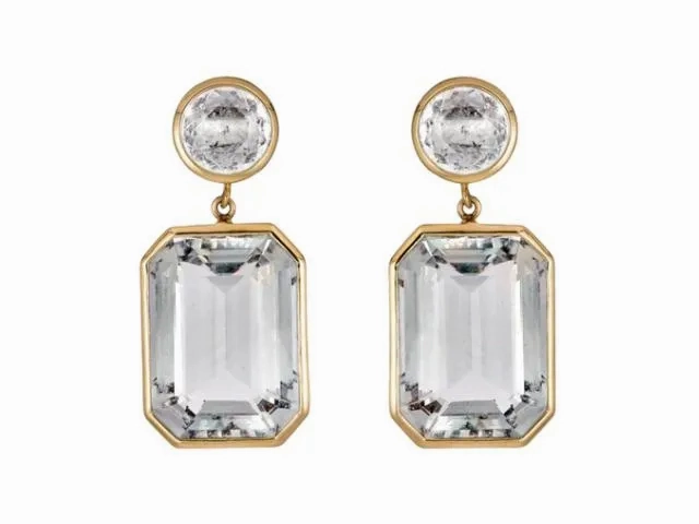 18k Yellow Gold White Topaz Bezel Drop Earrings
