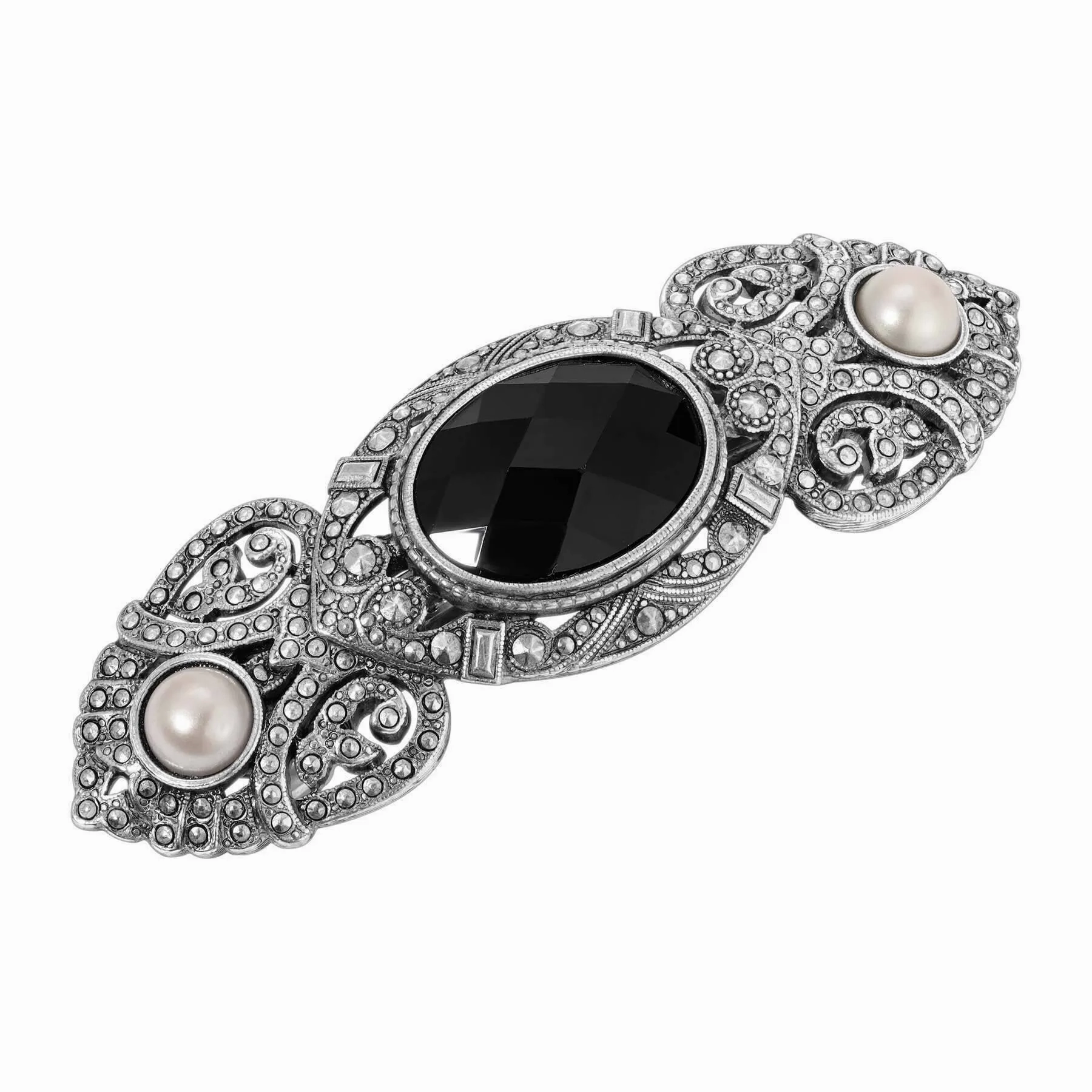 1928 Jewelry Deco Jet Black Glass Stone Light Pink Faux Pearl &amp; Marcasite Encrusted Hair Barrette