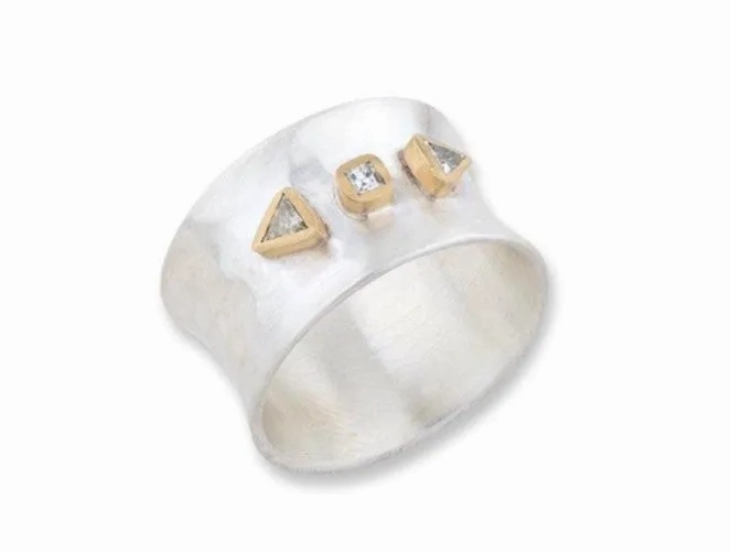 22k Yellow Gold &amp; Sterling Silver &quot;Aurora&quot; Hammered Thin Band, with 3 Diamonds