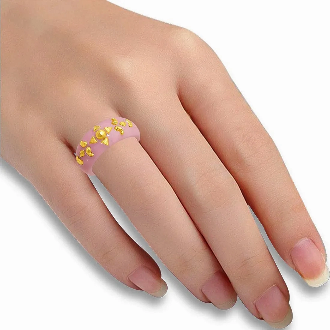 22KT (916) Yellow Gold Pink Pola Ring With Floral Embellishments For Women &amp; Girls (Size 12)