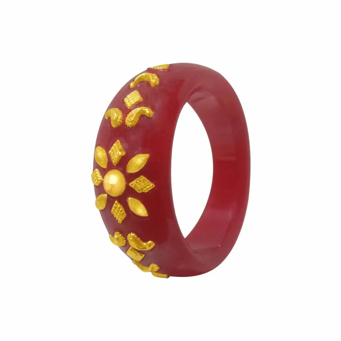 22KT (916) Yellow Gold Red Pola Ring With Floral Embellishments For Women &amp; Girls (Size 16)