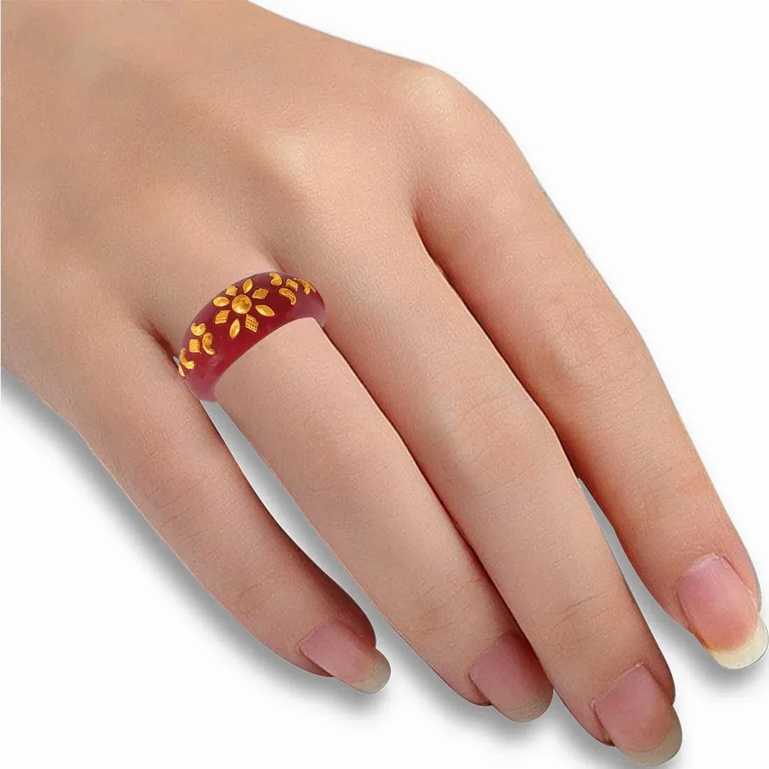22KT (916) Yellow Gold Red Pola Ring With Floral Embellishments For Women &amp; Girls (Size 16)