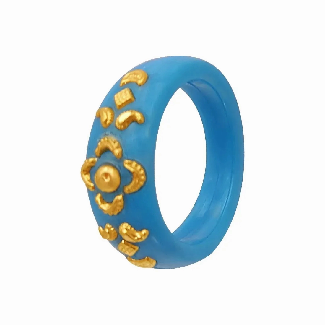 22KT (916) Yellow Gold Sky Blue Pola Ring With Floral Embellishments For Women &amp; Girls (Size 12)