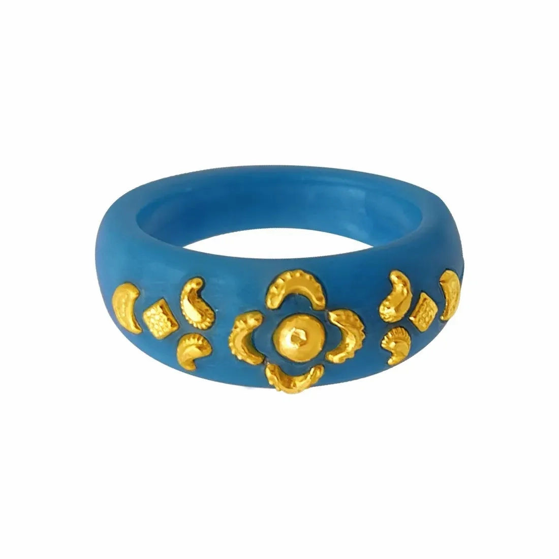 22KT (916) Yellow Gold Sky Blue Pola Ring With Floral Embellishments For Women &amp; Girls (Size 12)