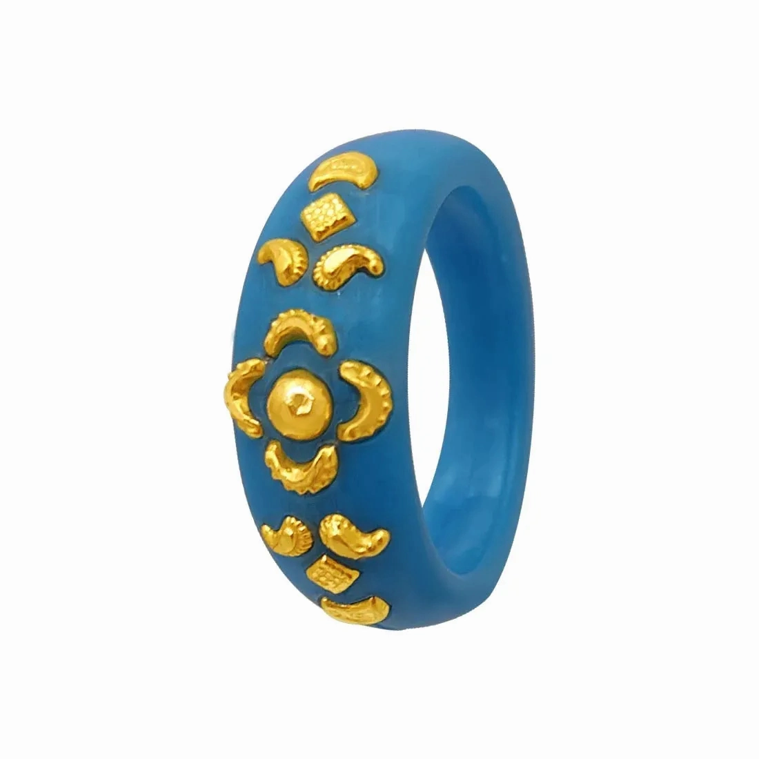 22KT (916) Yellow Gold Sky Blue Pola Ring With Floral Embellishments For Women &amp; Girls (Size 12)