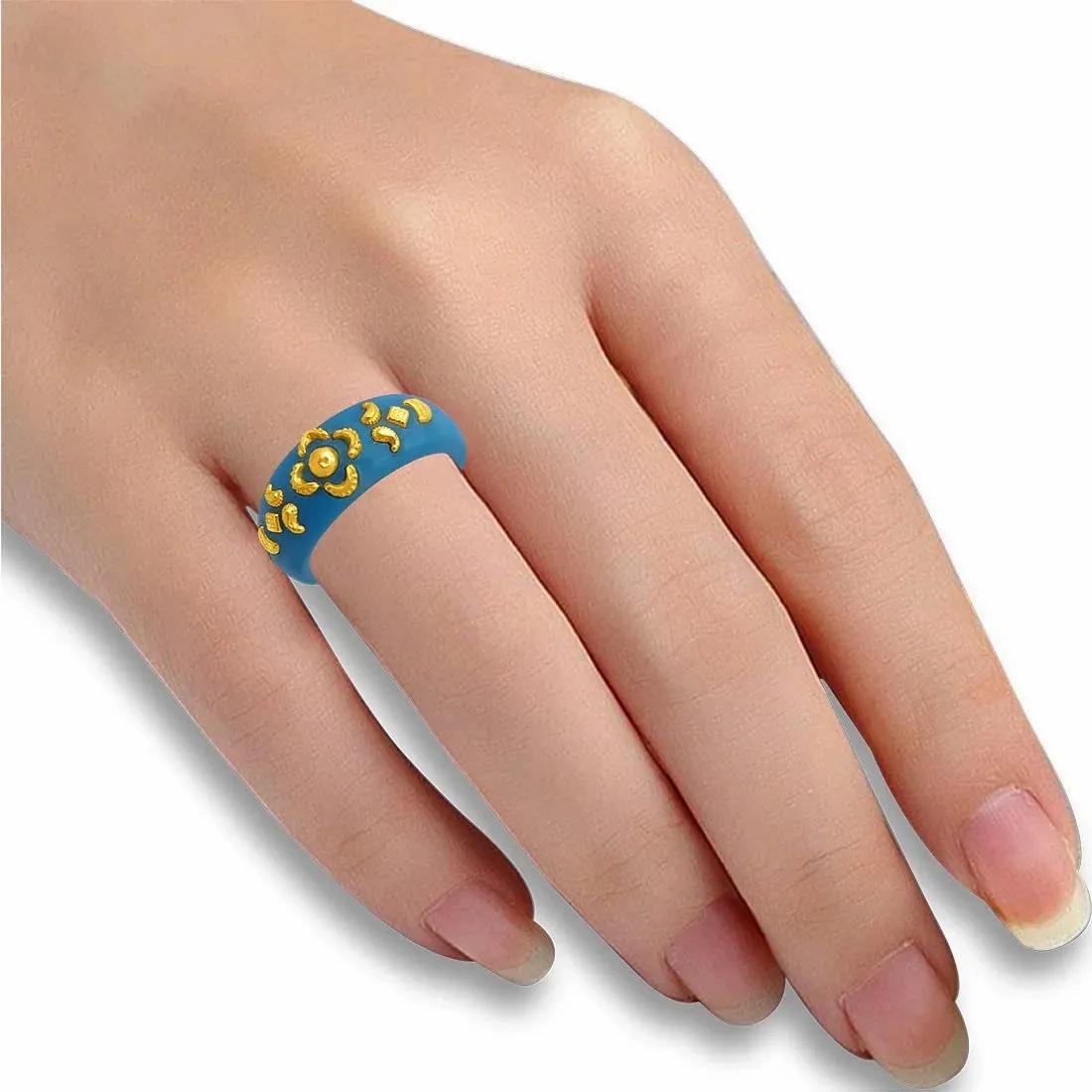 22KT (916) Yellow Gold Sky Blue Pola Ring With Floral Embellishments For Women &amp; Girls (Size 12)