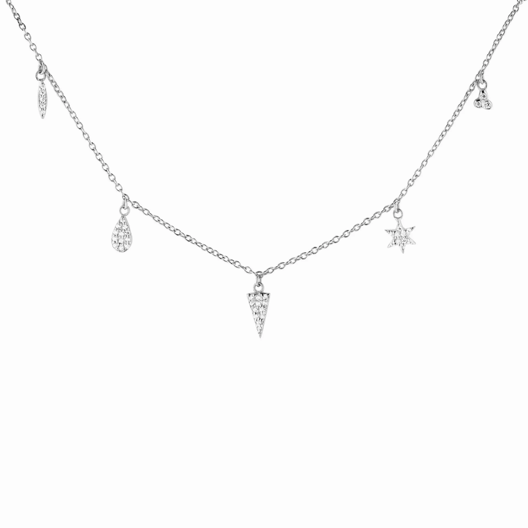 5 Charm White Rhodium on Silver Necklace w. Zirconia