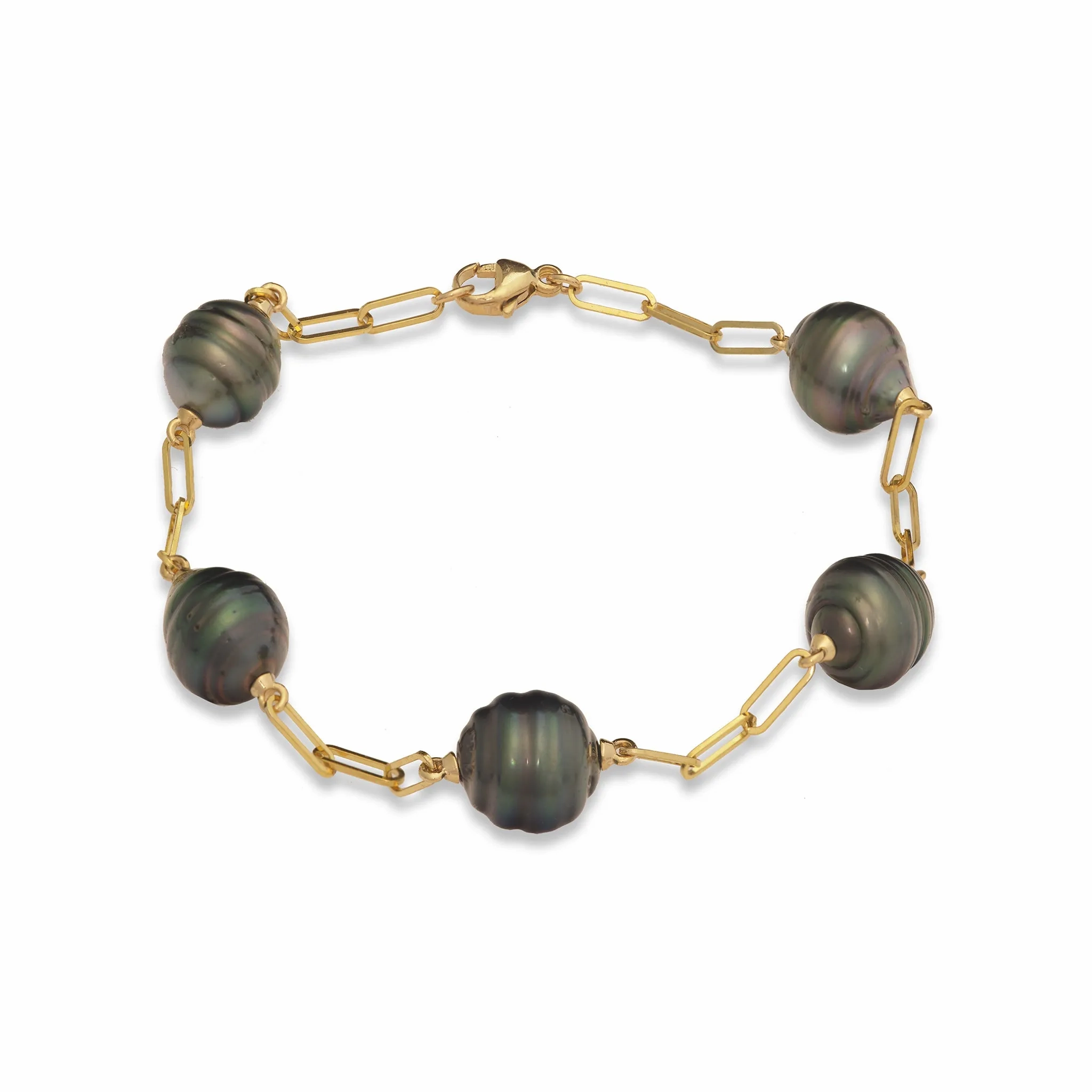 7.5-8&quot; Paperclip Chain Tahitian Black Pearl Bracelet in Gold - 9-10mm
