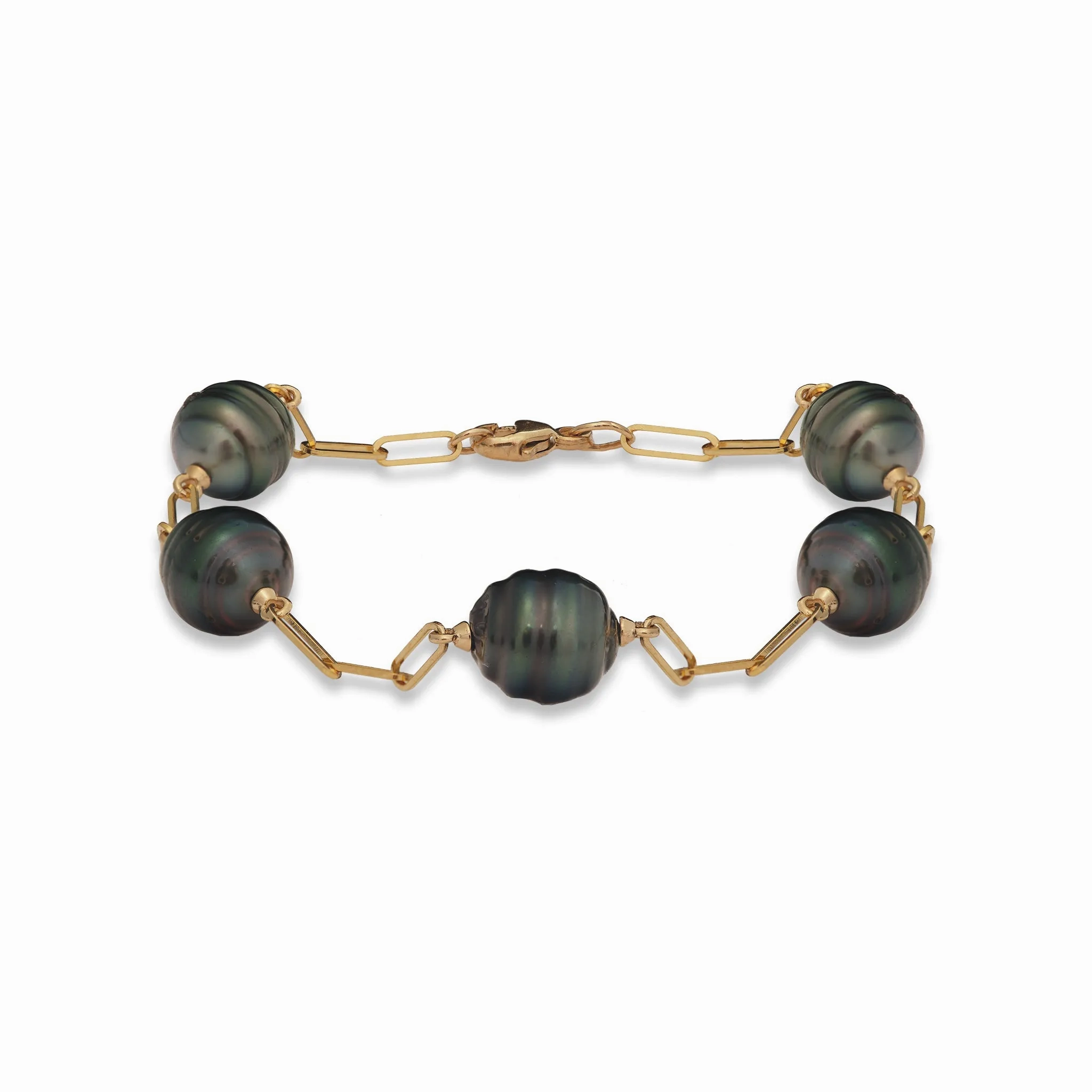 7.5-8&quot; Paperclip Chain Tahitian Black Pearl Bracelet in Gold - 9-10mm