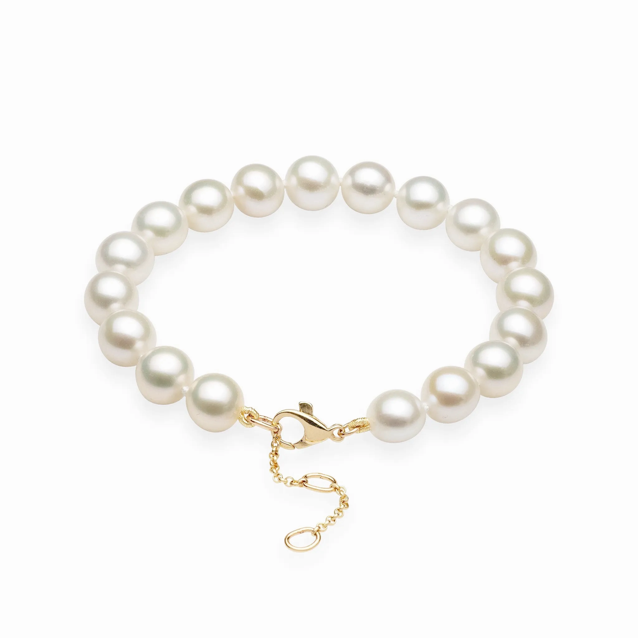 7.5-9&quot; Adjustable White Freshwater Pearl Bracelet in Gold - 9-10mm