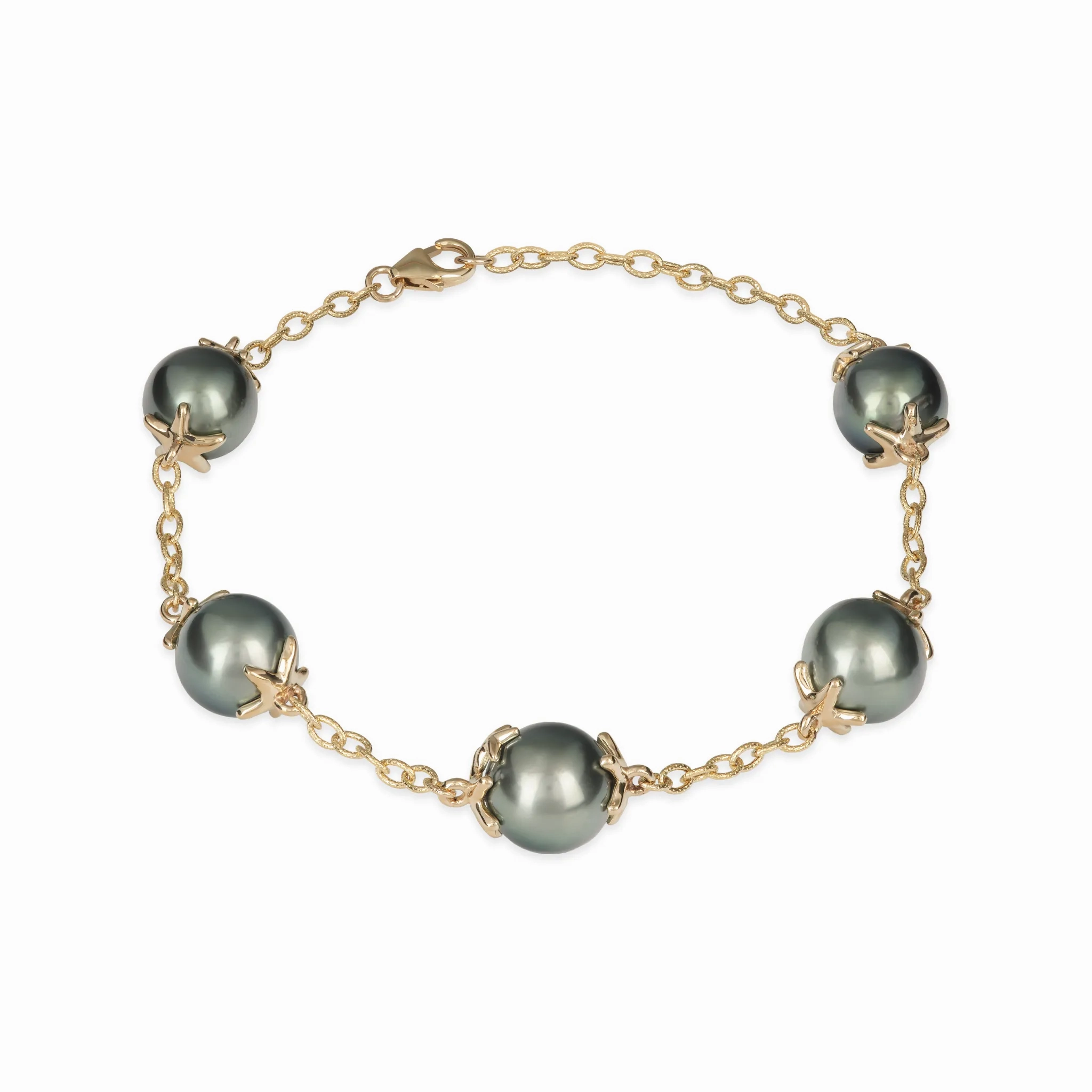 7-8.25&quot; Adjustable Reefs Starfish Tahitian Black Pearl Bracelet in Gold - 10-11mm