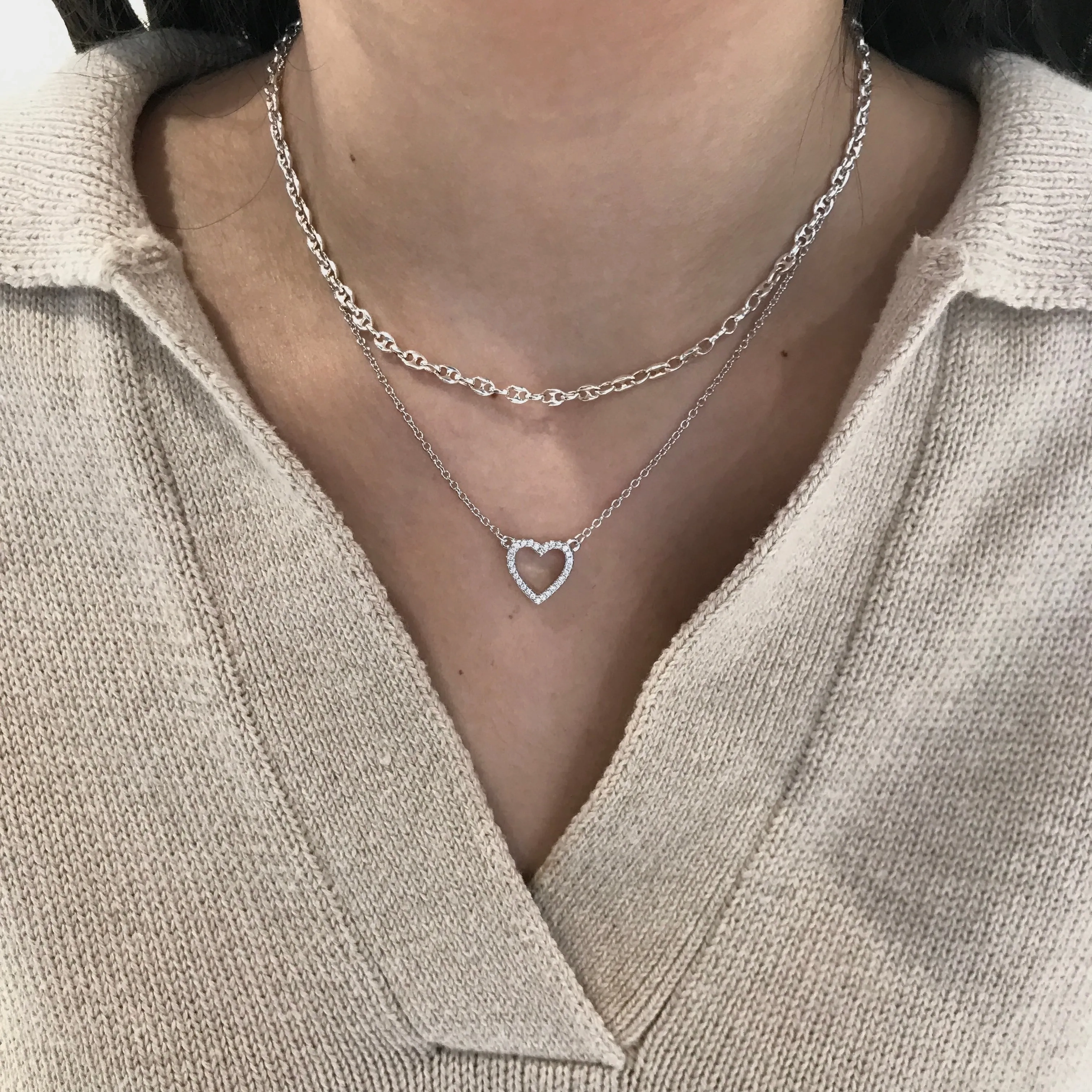 925 Sterling Silver CZ Open Heart Necklace