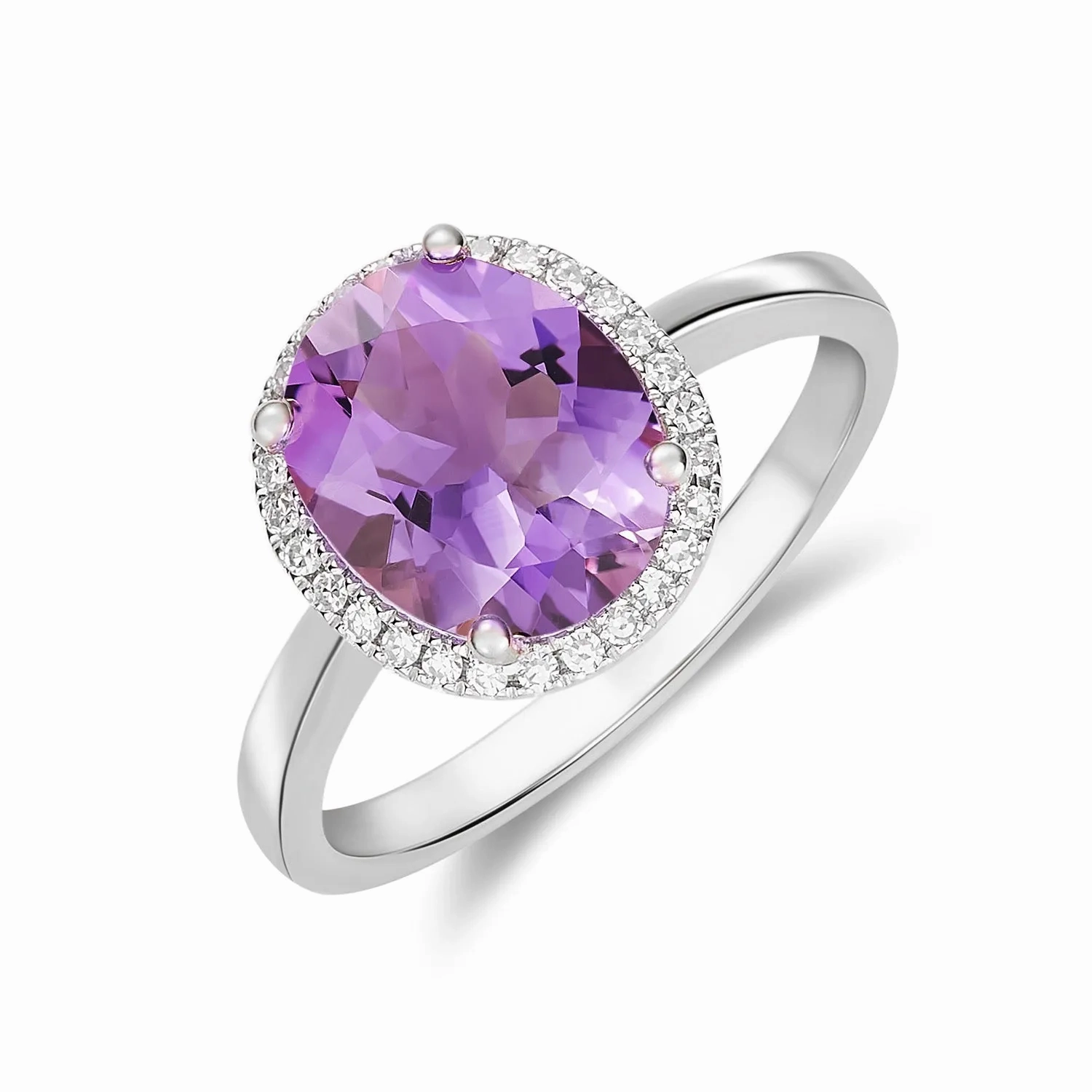 9K White Gold Amethyst &amp; Diamond Halo Ring