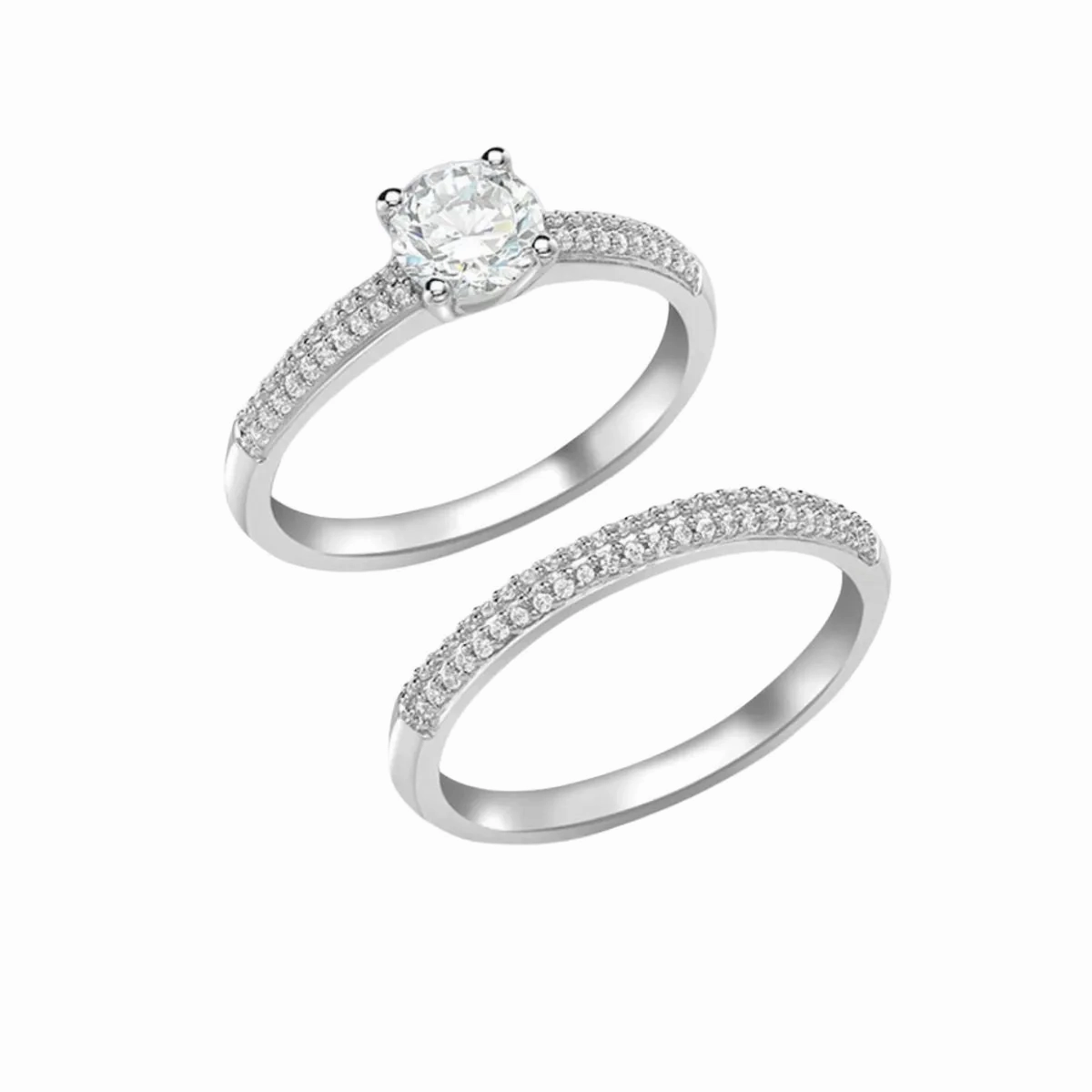 9K White Gold CZ Solitaire &amp; Band 2-Ring Set