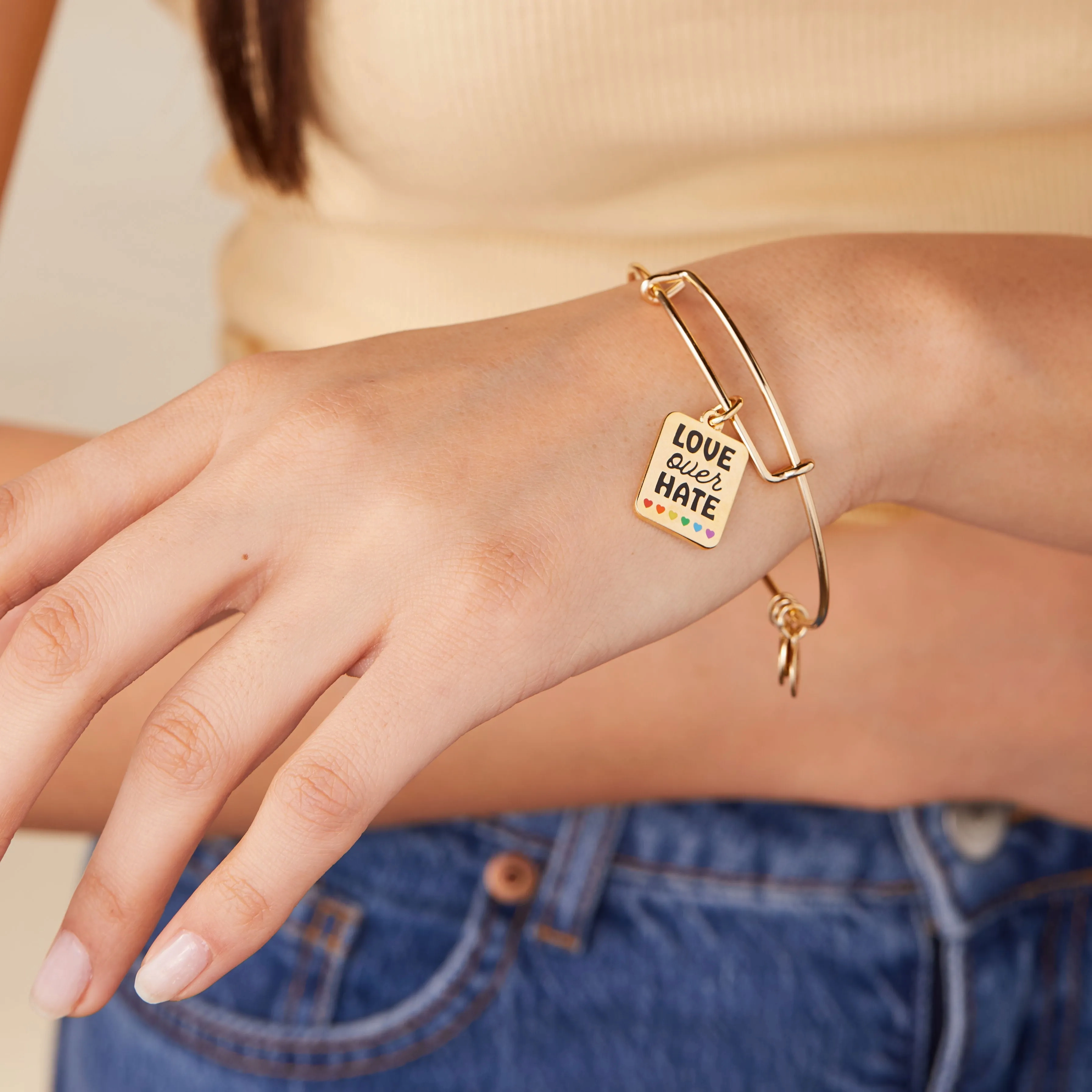 'Love Over Hate' Rainbow Heart Charm Bangle