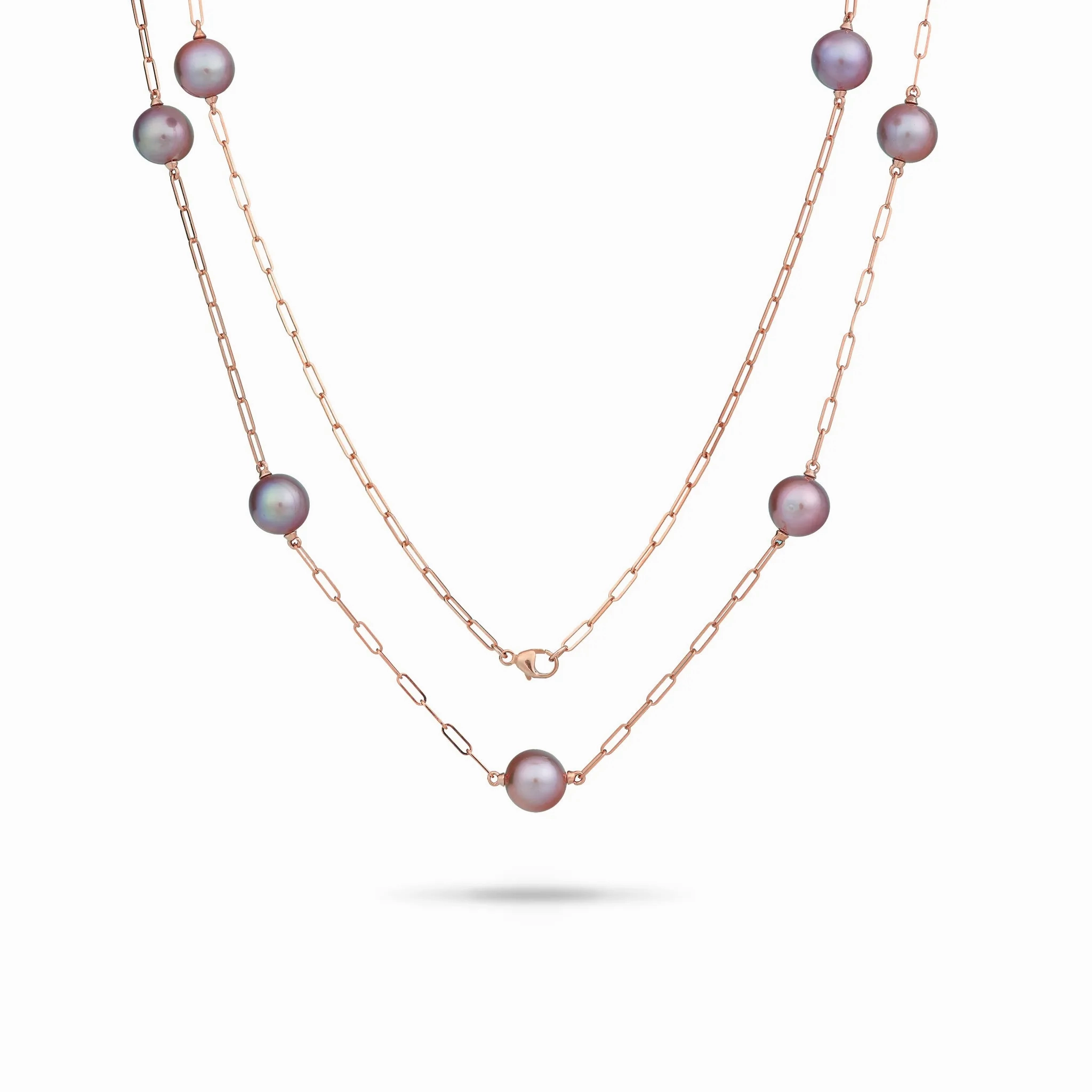 Adjustable 24&quot; Ultraviolet Freshwater Pearl Paperclip Chain Necklace in Rose Gold